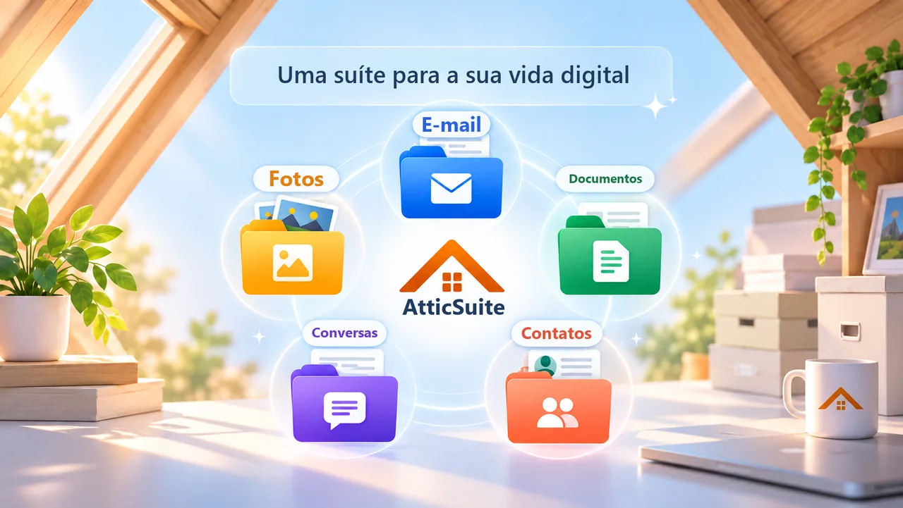 A suíte Attic: e-mail, fotos, documentos, conversas e contatos organizados em um único acervo no seu próprio computador